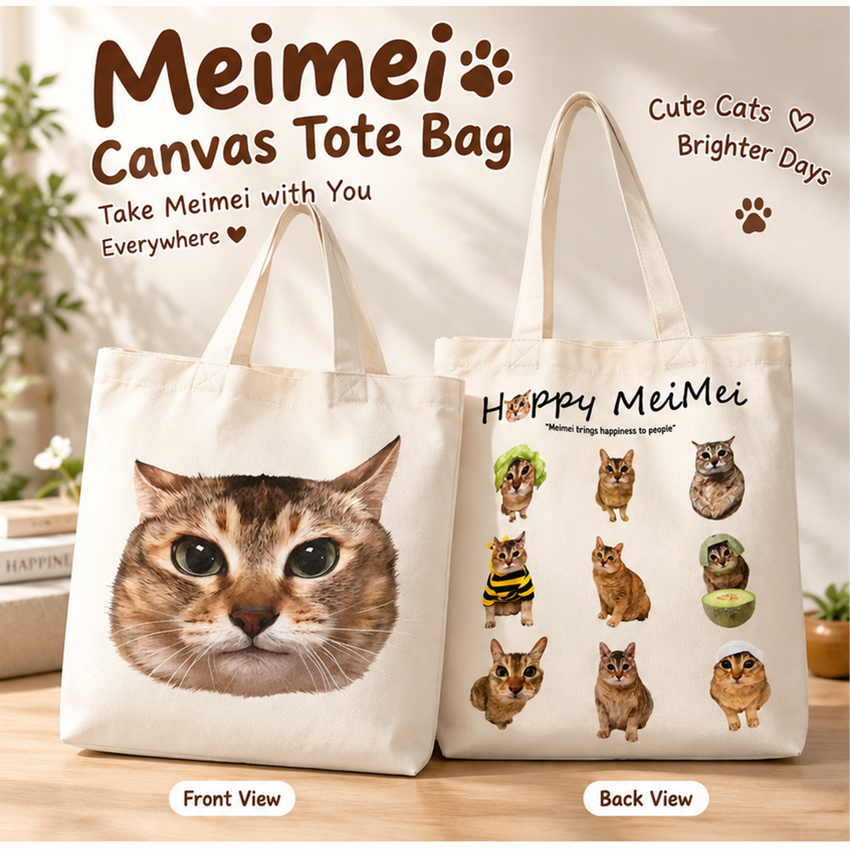 Meimei Cute Cat Canvas Tote Bag
