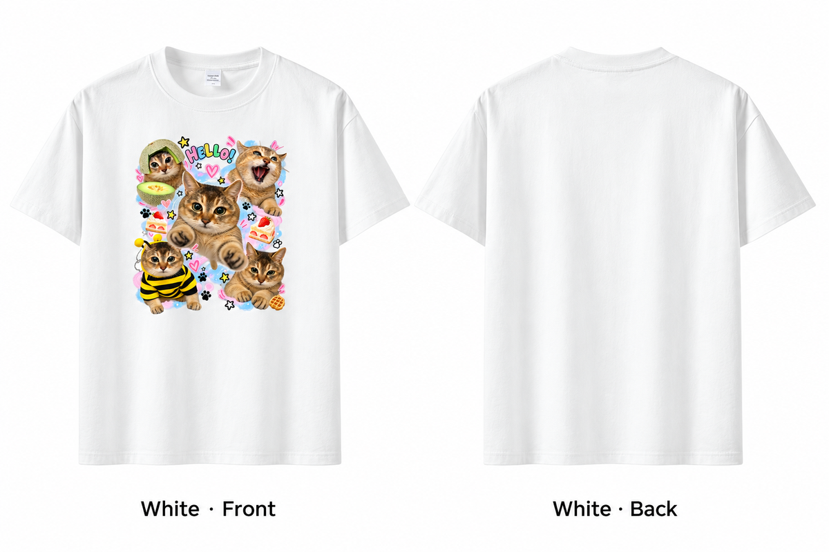 Meimei Cat Cute Graphic T-Shirt – Kawaii Cat Collage Print, Unisex Oversized Casual Tee