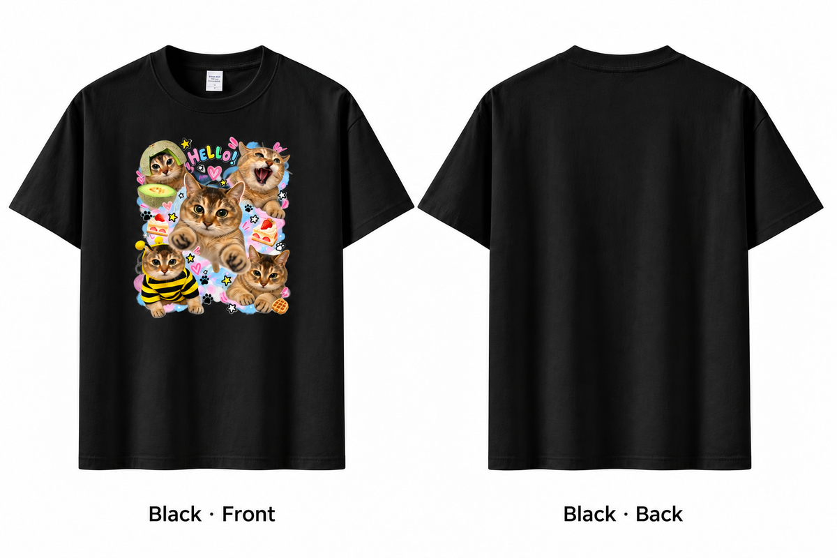 Meimei Cat Cute Graphic T-Shirt – Kawaii Cat Collage Print, Unisex Oversized Casual Tee