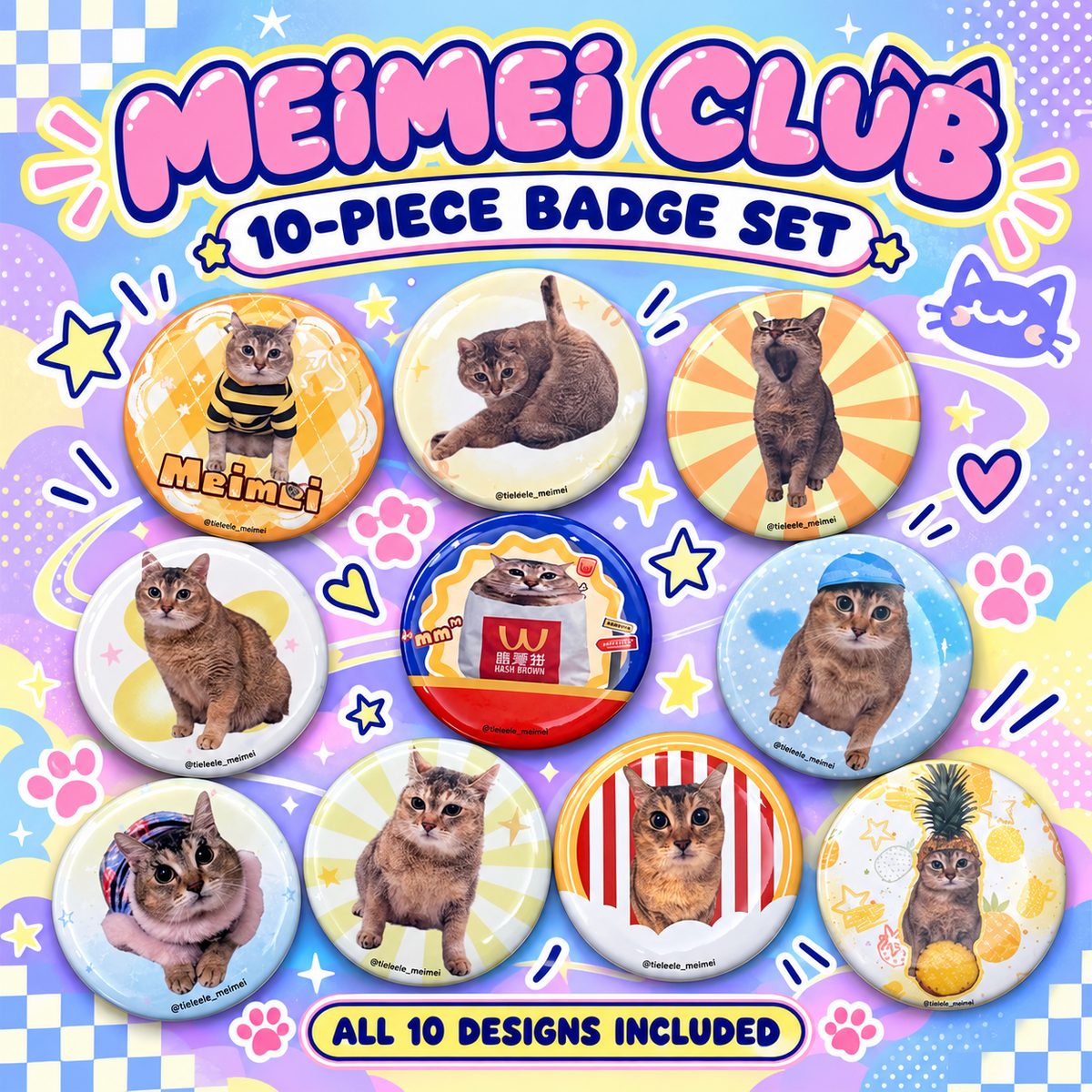 Cat Button Badge Set — 10 Unique Designs