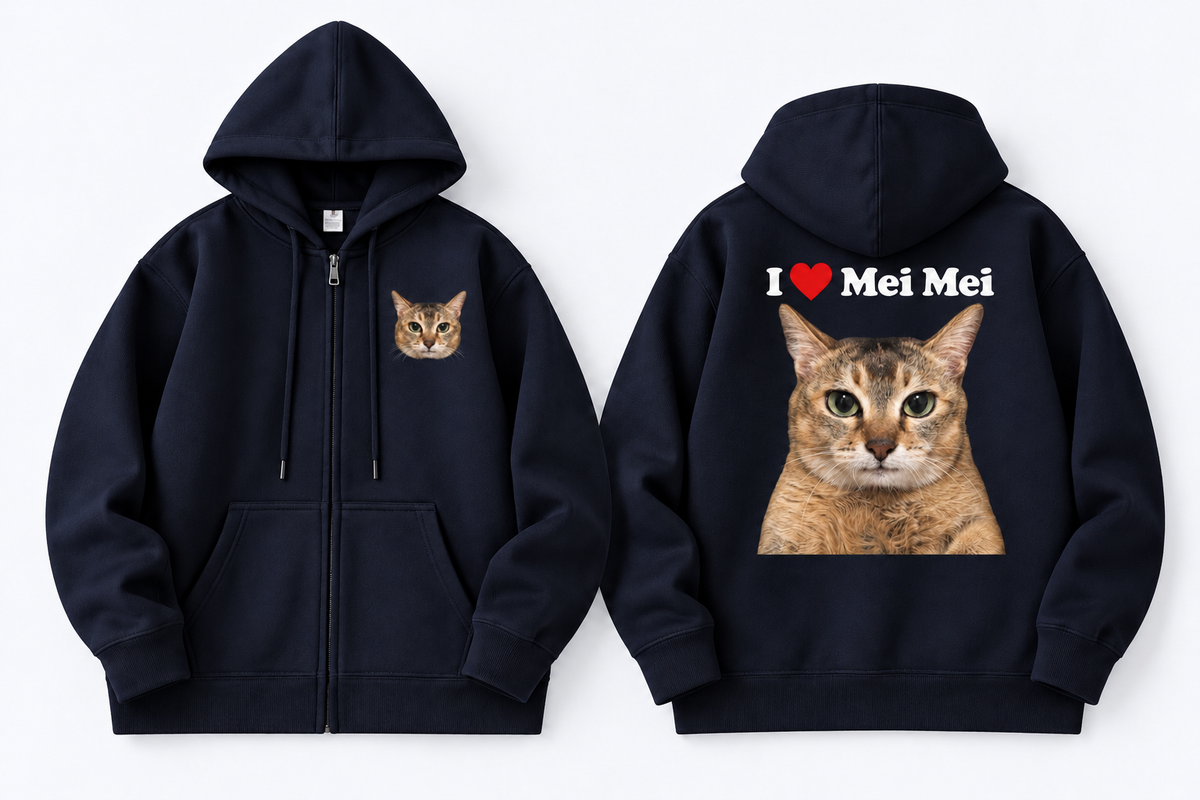 I Love Mei Mei Cat Graphic Full-Zip Hoodie – Black