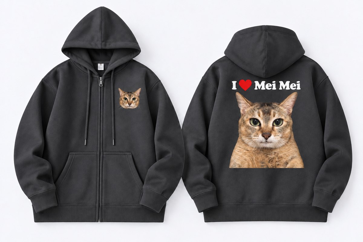 I Love Mei Mei Cat Graphic Full-Zip Hoodie – Black
