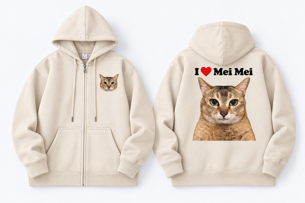 I Love Mei Mei Cat Graphic Full-Zip Hoodie – Black