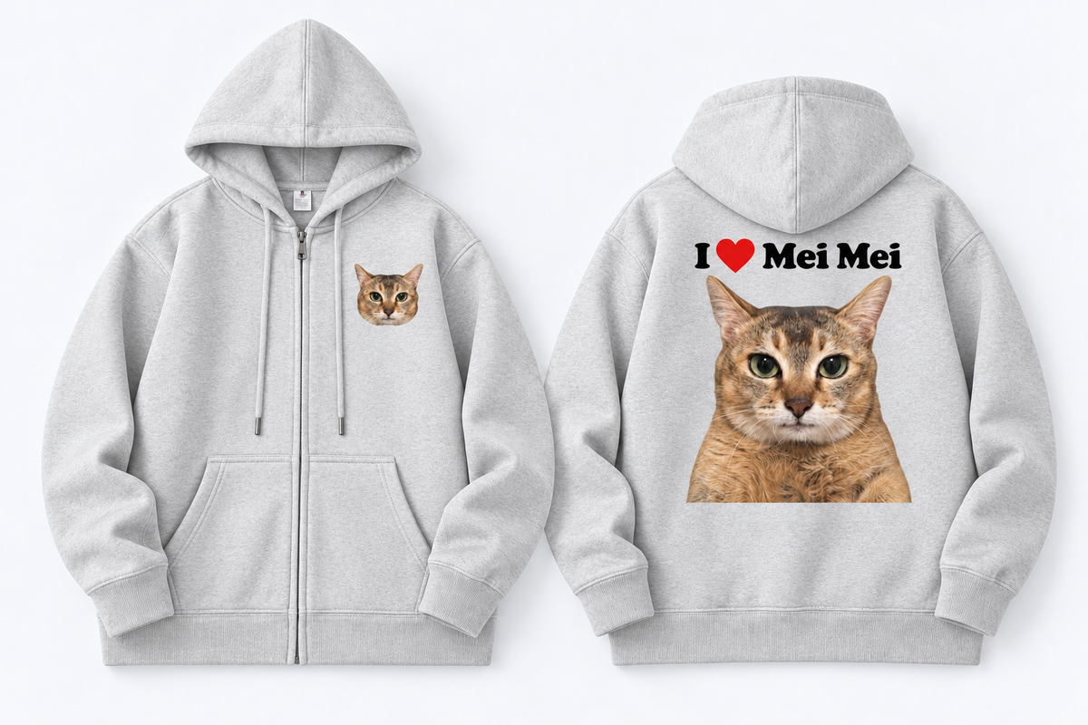 I Love Mei Mei Cat Graphic Full-Zip Hoodie – Black