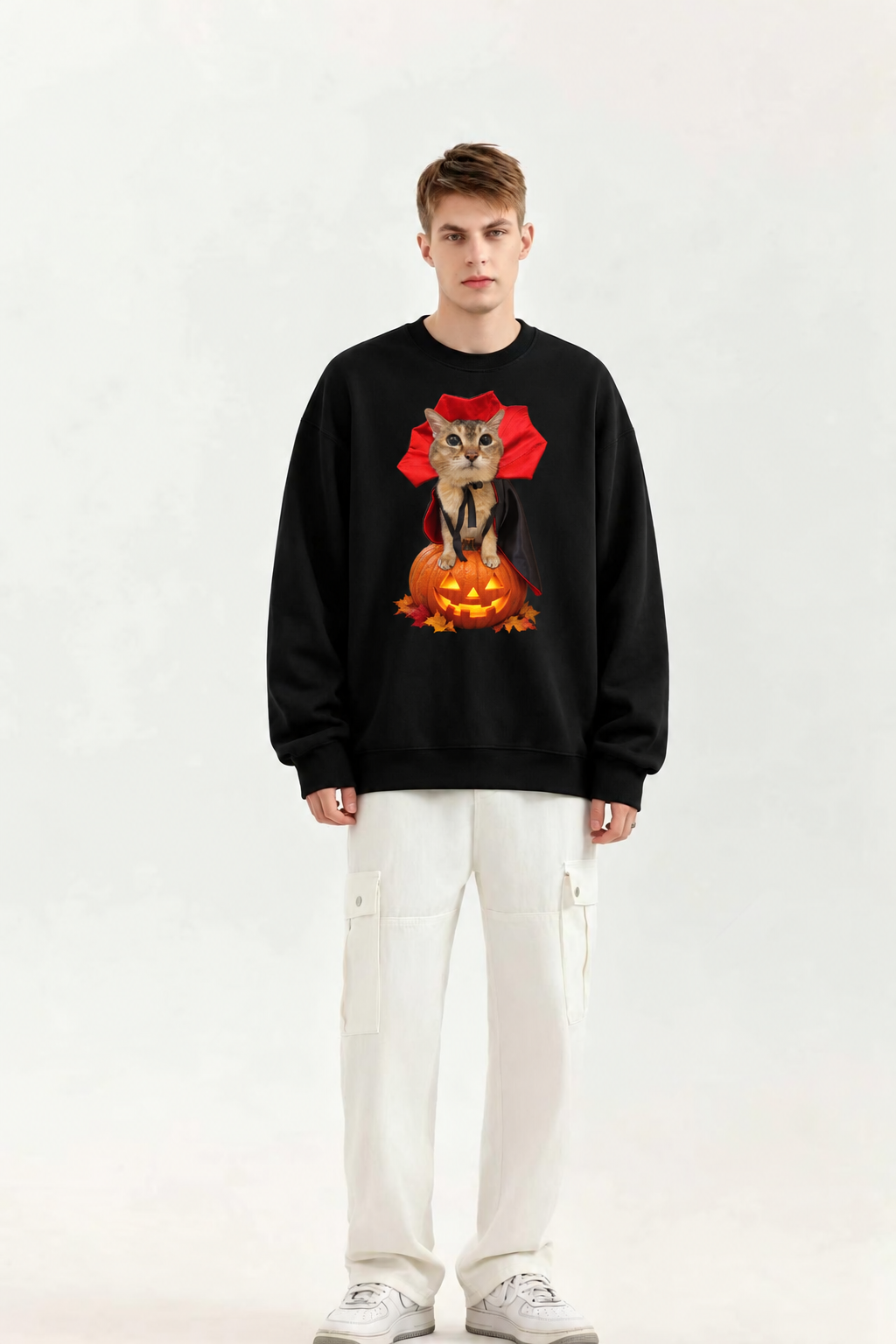 Halloween Vampire Cat Fleece-Lined Sweatshirt – Oversized Cozy Pumpkin Cat Crewneck