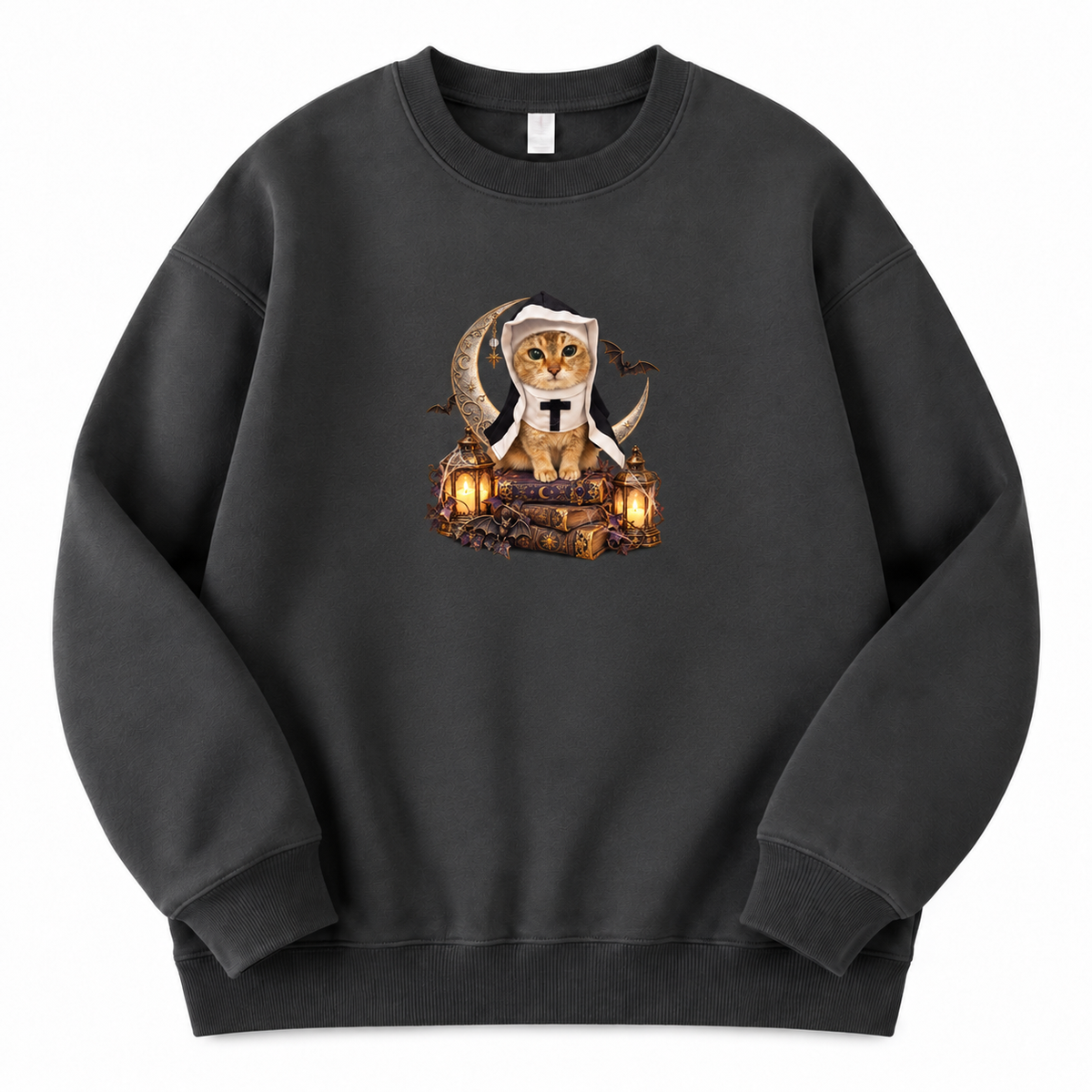 Meimei Halloween Nun Cat Sweatshirt – Cute Gothic Cat Graphic Crewneck, Navy Blue Unisex Pullover