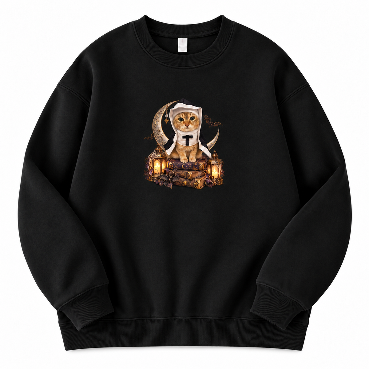 Meimei Halloween Nun Cat Sweatshirt – Cute Gothic Cat Graphic Crewneck, Navy Blue Unisex Pullover