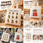 Happy MeiMei Cat Canvas Tote Bag – Cute Double-Sided Everyday Shoulder Bag