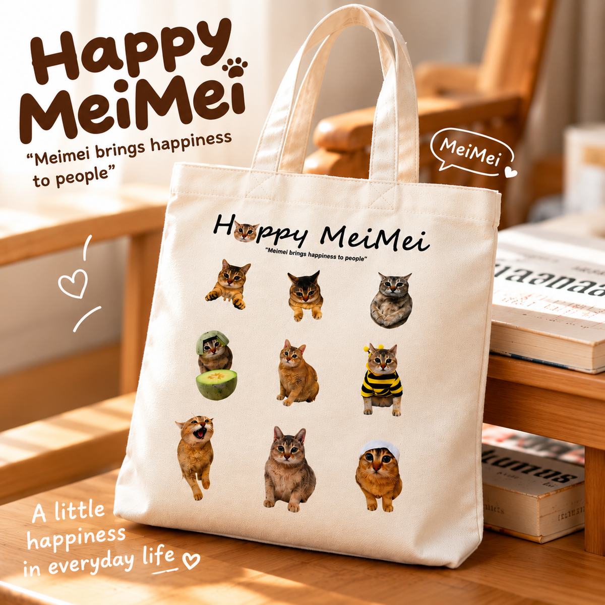 Happy MeiMei Cat Canvas Tote Bag – Cute Double-Sided Everyday Shoulder Bag