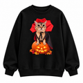 Halloween Vampire Cat Fleece-Lined Sweatshirt – Oversized Cozy Pumpkin Cat Crewneck