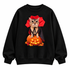 Halloween Vampire Cat Fleece-Lined Sweatshirt – Oversized Cozy Pumpkin Cat Crewneck