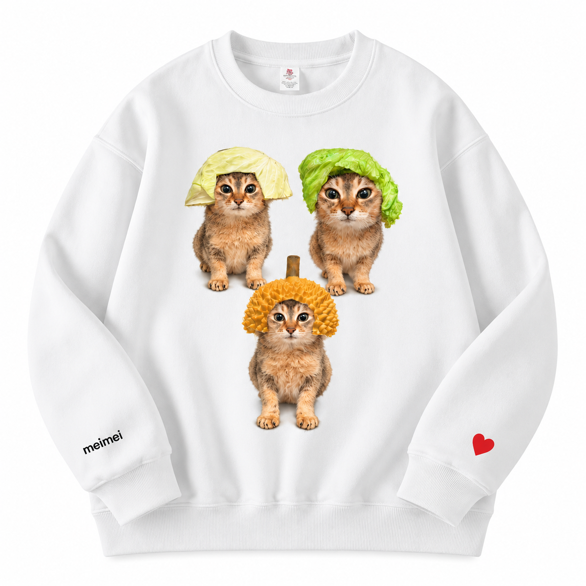 Meimei Funny Cat Sweatshirt – Cute Cabbage & Durian Cat Graphic Crewneck, White Unisex Pullover