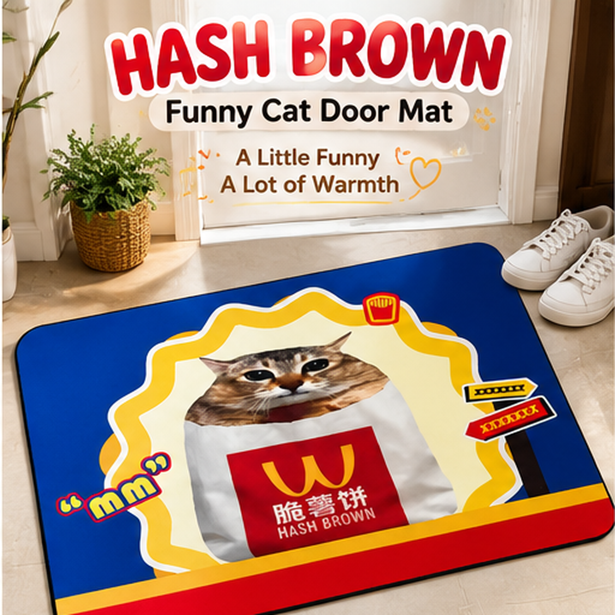 Hash Brown Funny Cat Doormat – Quirky Cartoon Cat Floor Mat