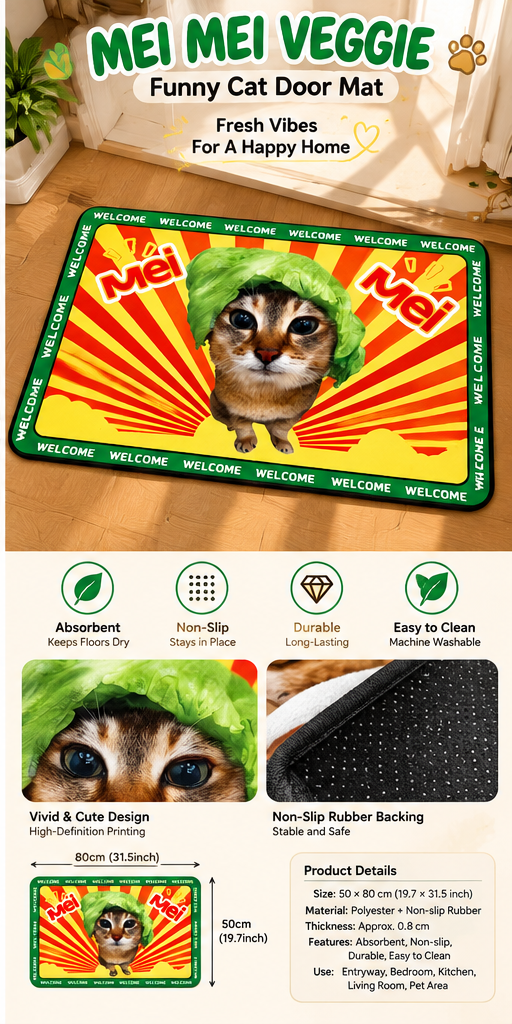 Mei Mei Veggie Cat Doormat – Cute Lettuce Cat Welcome Mat