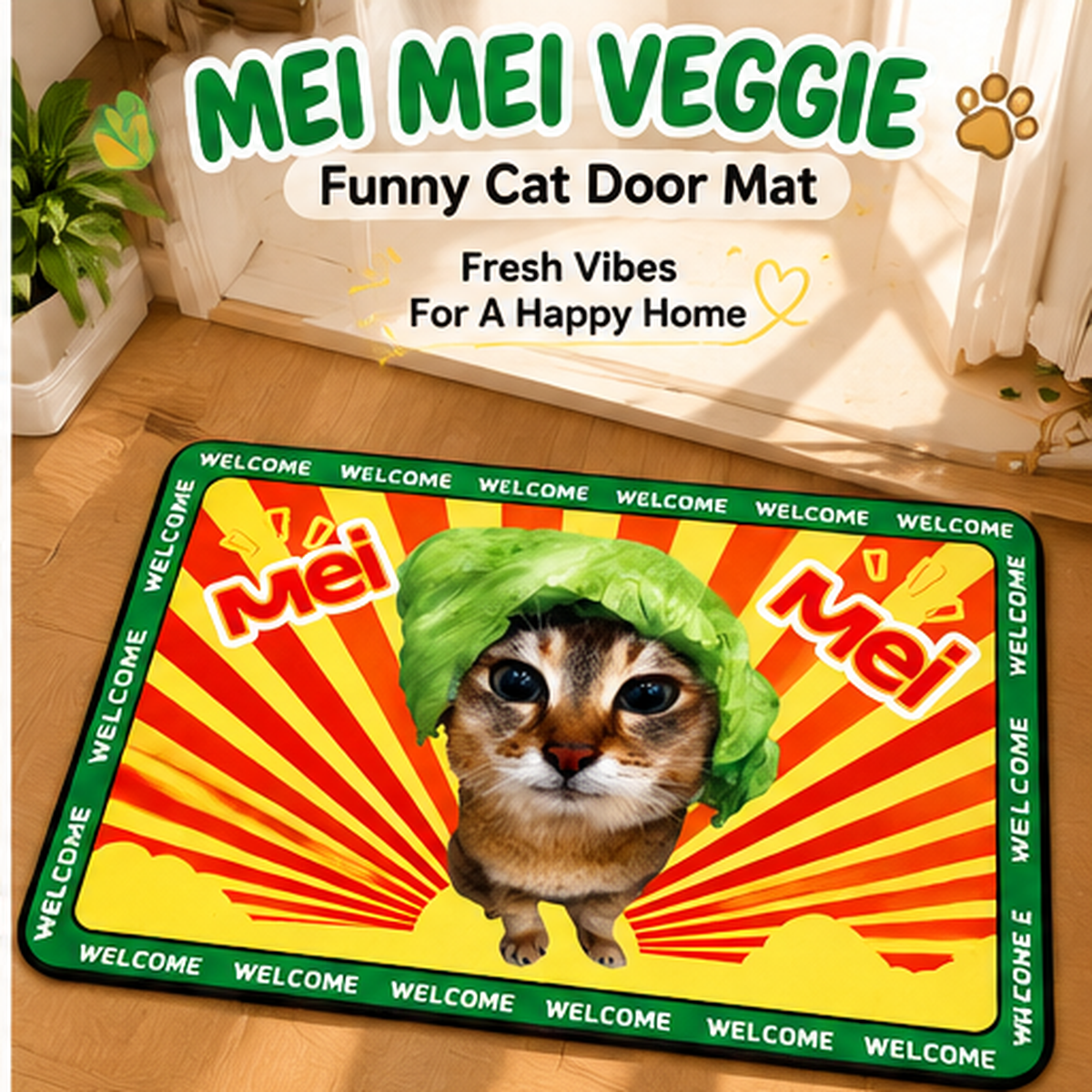 Mei Mei Veggie Cat Doormat – Cute Lettuce Cat Welcome Mat