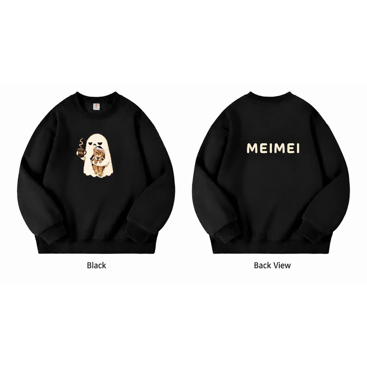 Meimei Cozy Ghost Cat Sweatshirt – Cute Halloween Cat Graphic Crewneck, Black Unisex Pullover